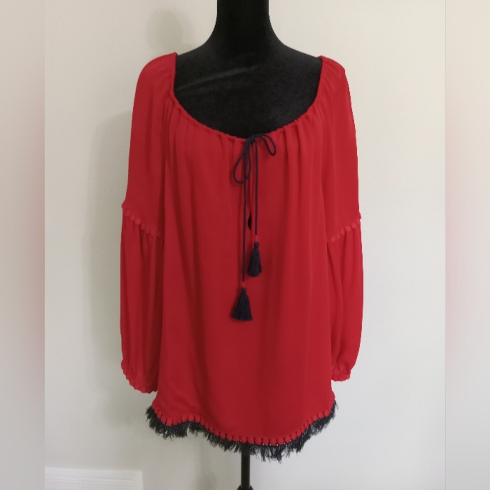 Tory Burch Silk Red Relaxed Tie Front Tunic Blouse